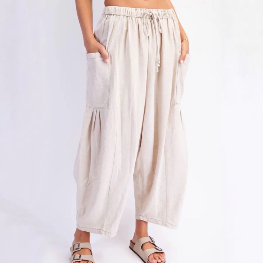 TARSE Oatmeal Womens Harem Linen Blend Wide Barrel Leg Ankle Pants Size Small